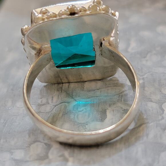 Teal Stone Statement rings, Sterling Silver Ring 0.72 Inch Stone, Size 8.75 - Picture 4 of 10